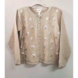 Vintage Jenny Women S Cream Embroidered Floral Crochet Trim Cardigan Sweater NWT